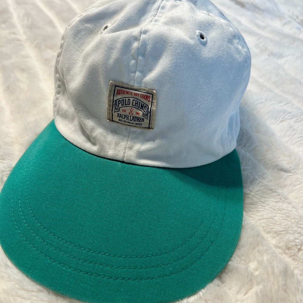 Polo Ralph Lauren Vintage Hat Long Bill Polo Chino White Aqua Size Large Rare